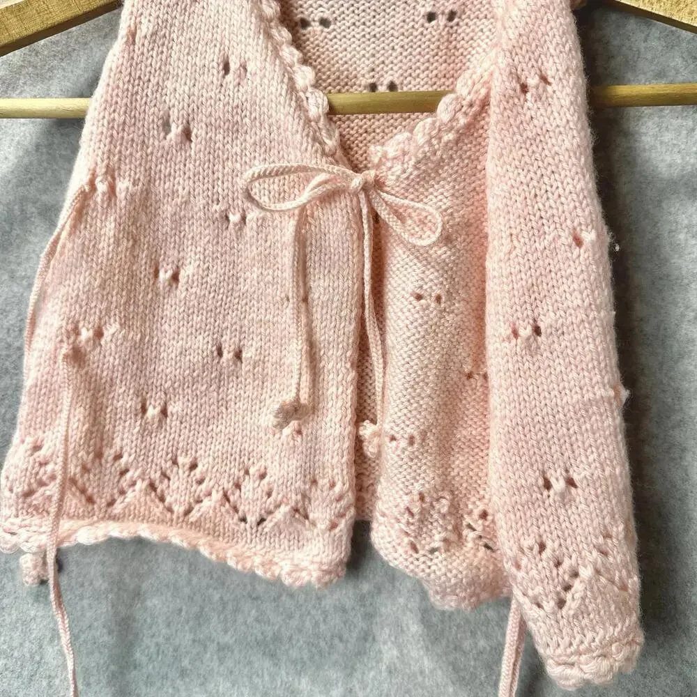 Toddler Girl Knitted Vest Pink String Closure String Eyelets Openwork Lace